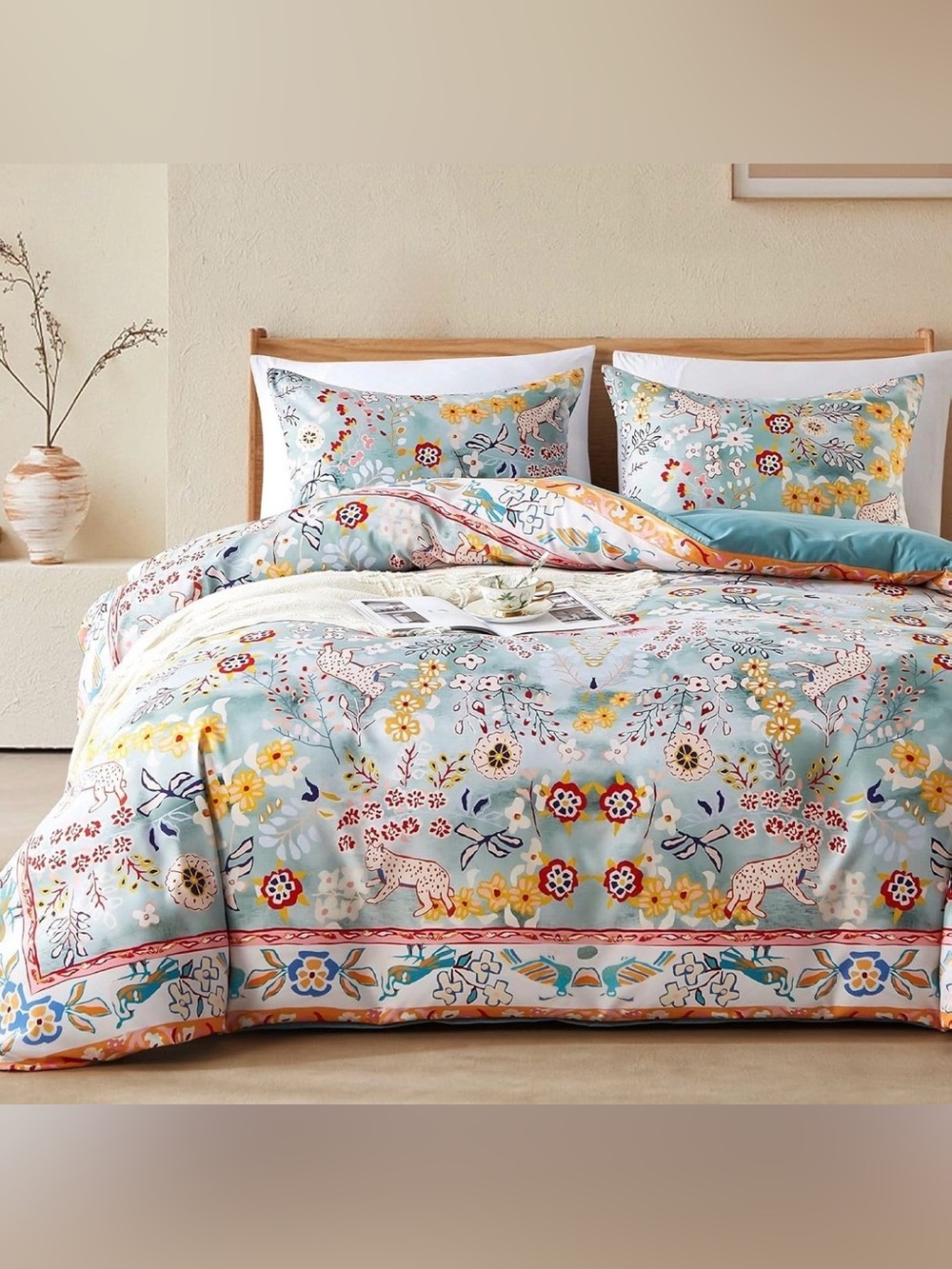 NEW Anthro Blue Jungle Multicolor Boho Queen / King Bedding Duvet & Sham Case - Picture 4 of 16